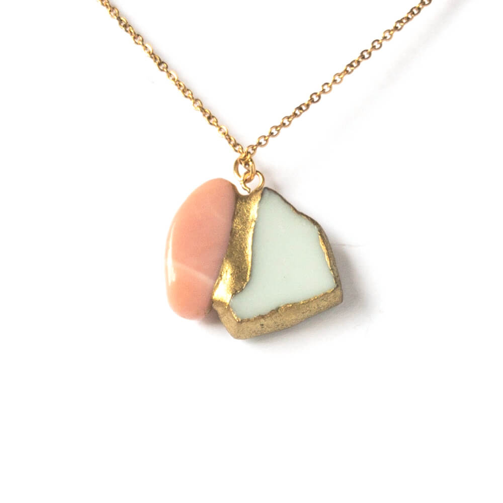 Pink Opal Necklace-Kintsugi jewelry-Japanese pottery jewelry-JAPONICA