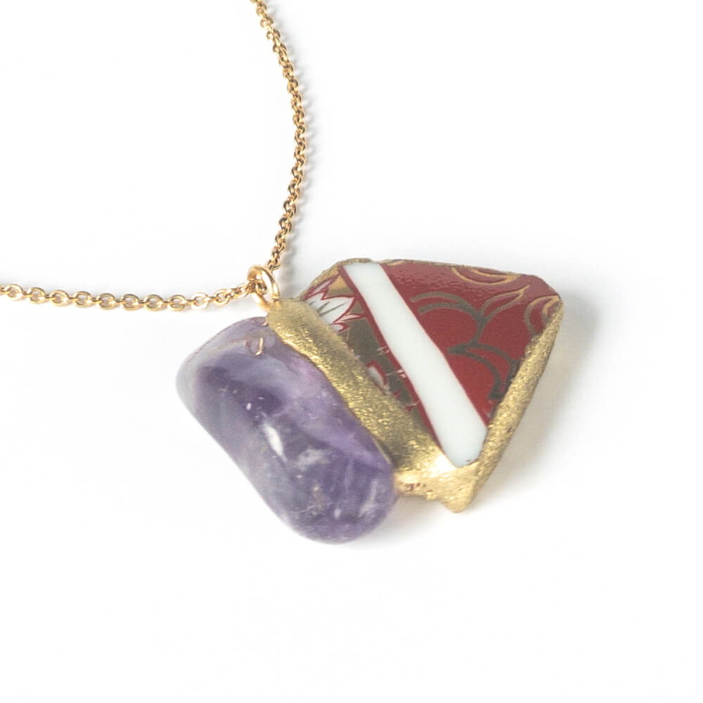 Amethyst Necklace-Kintsugi jewelry-Japanese pottery jewelry-JAPONICA