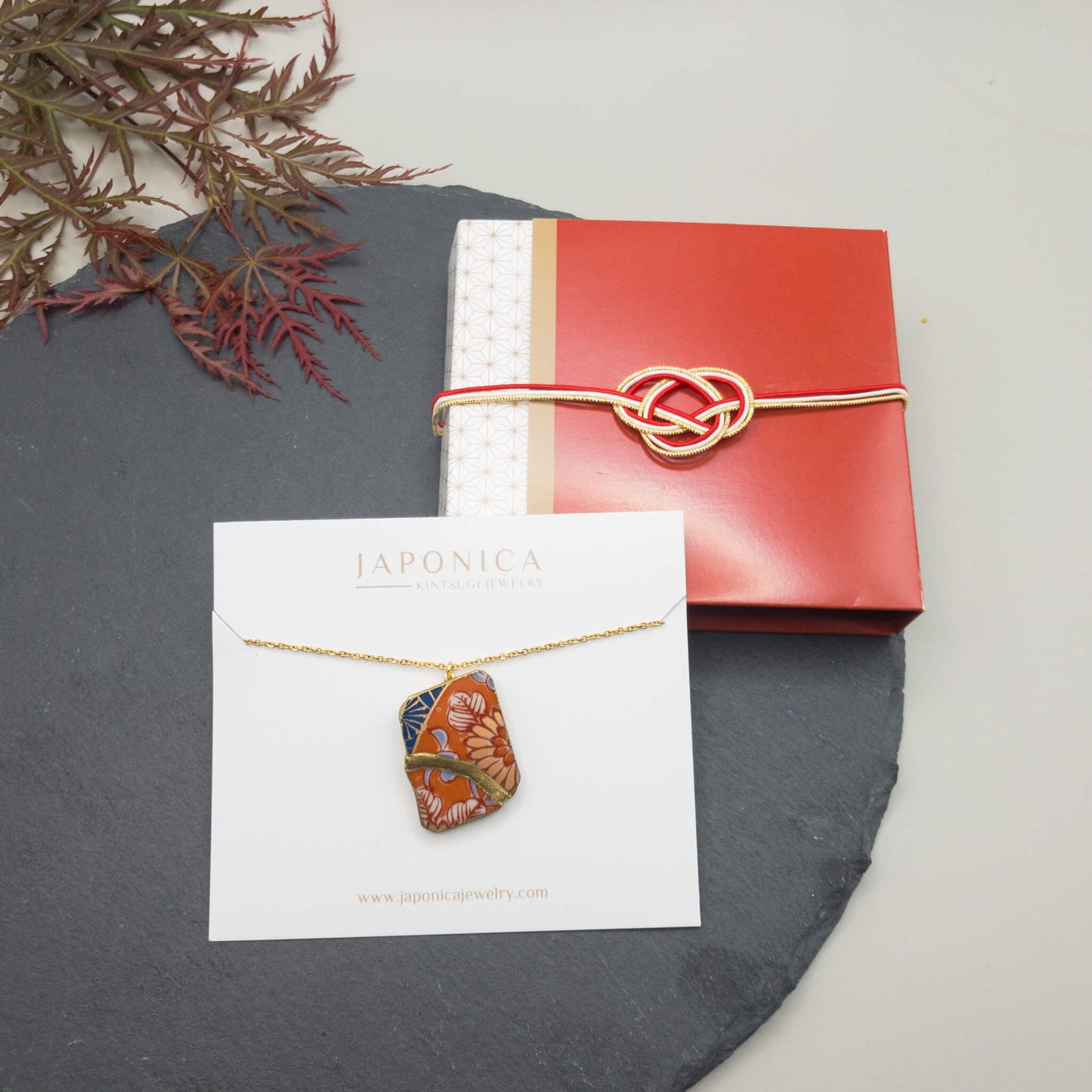 Orange Flower Necklace-Kintsugi jewelry-Japanese pottery jewelry-JAPONICA