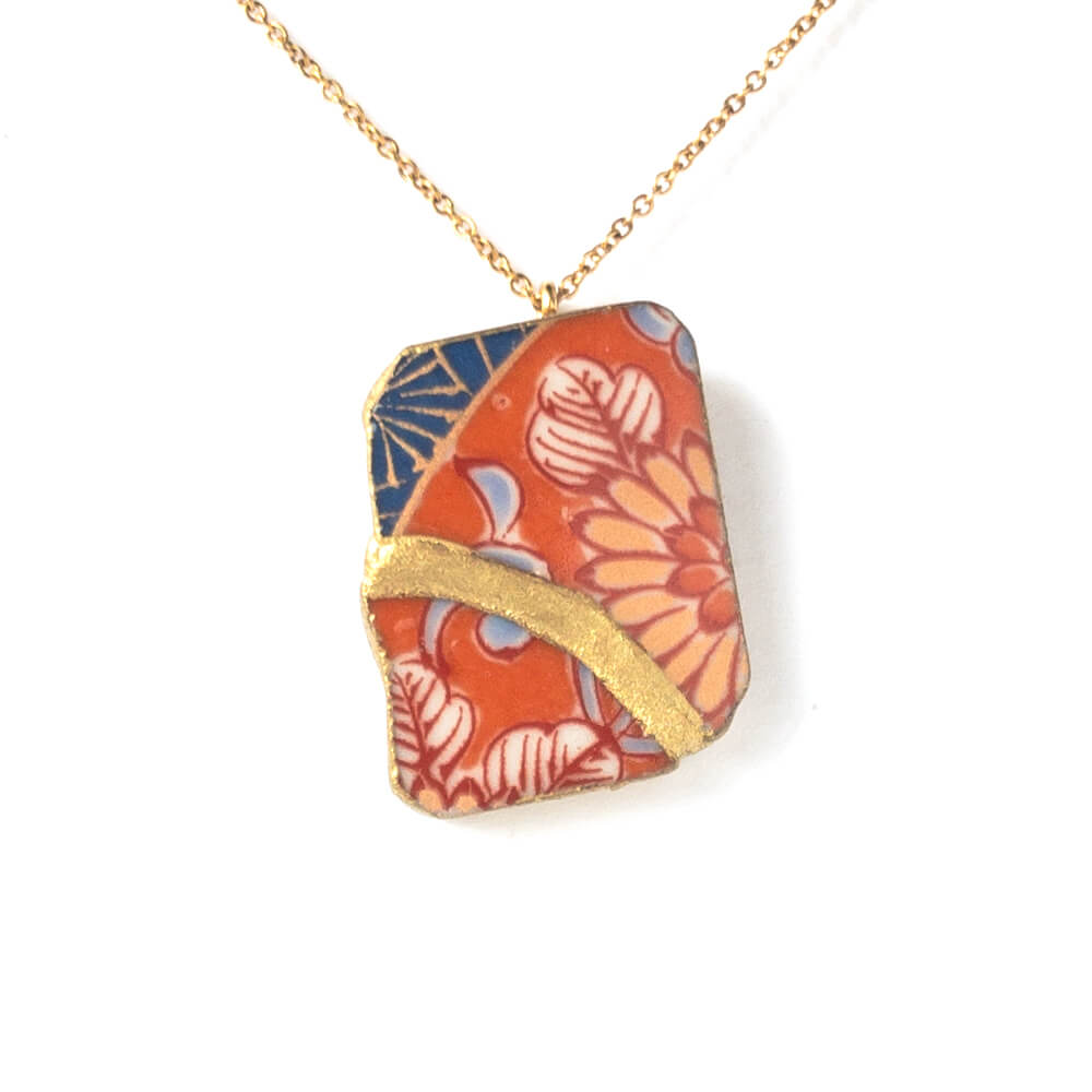 Orange Flower Necklace-Kintsugi jewelry-Japanese pottery jewelry-JAPONICA