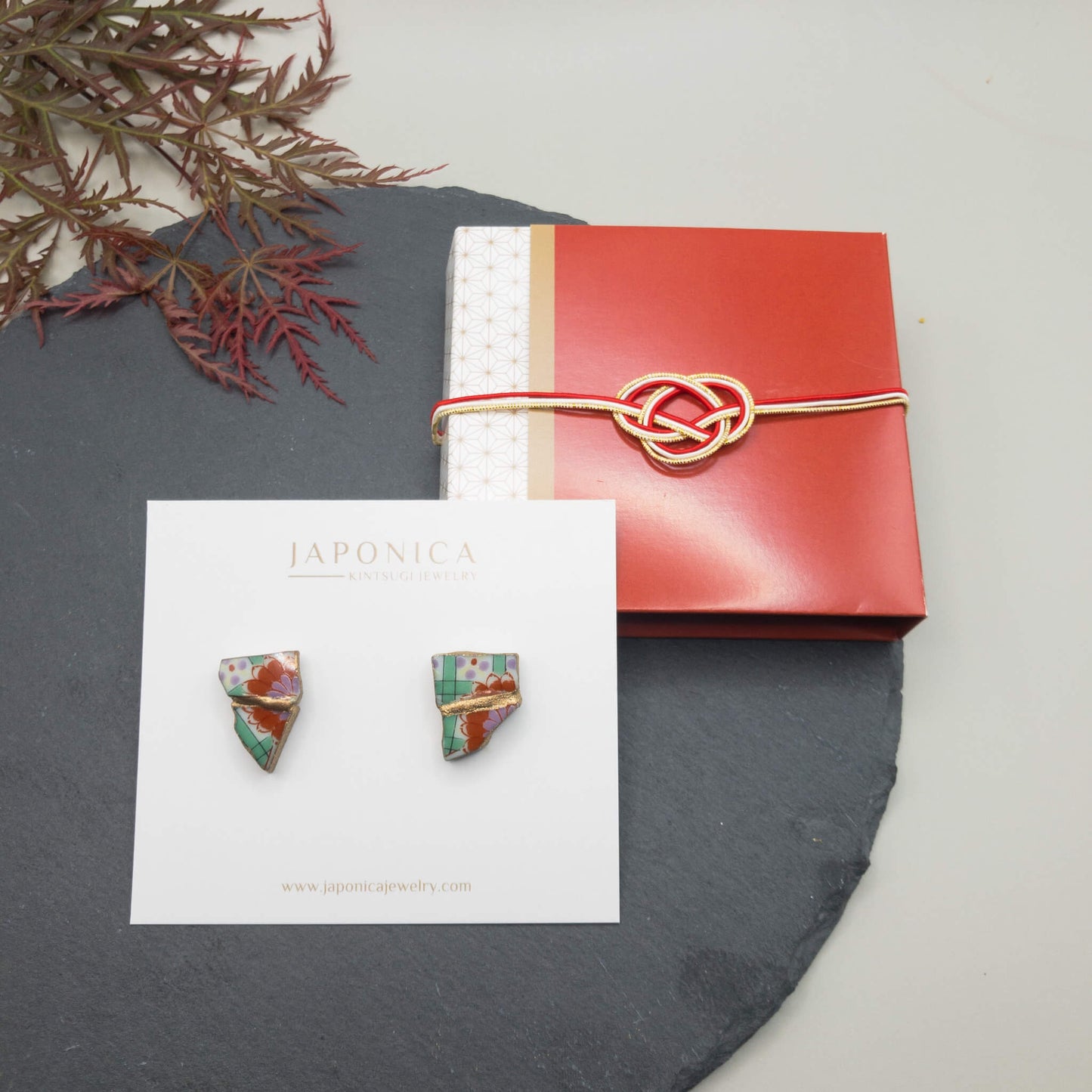 Red Flower Stud Earrings-Kintsugi jewelry-Japanese pottery jewelry-JAPONICA