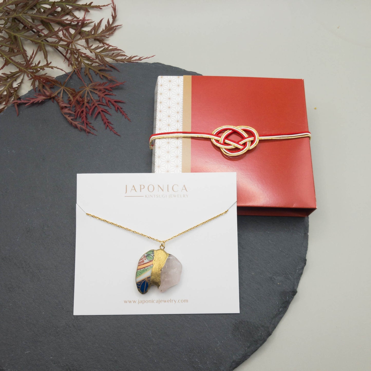 Rose quartz Necklace-Kintsugi jewelry-Japanese pottery jewelry-JAPONICA