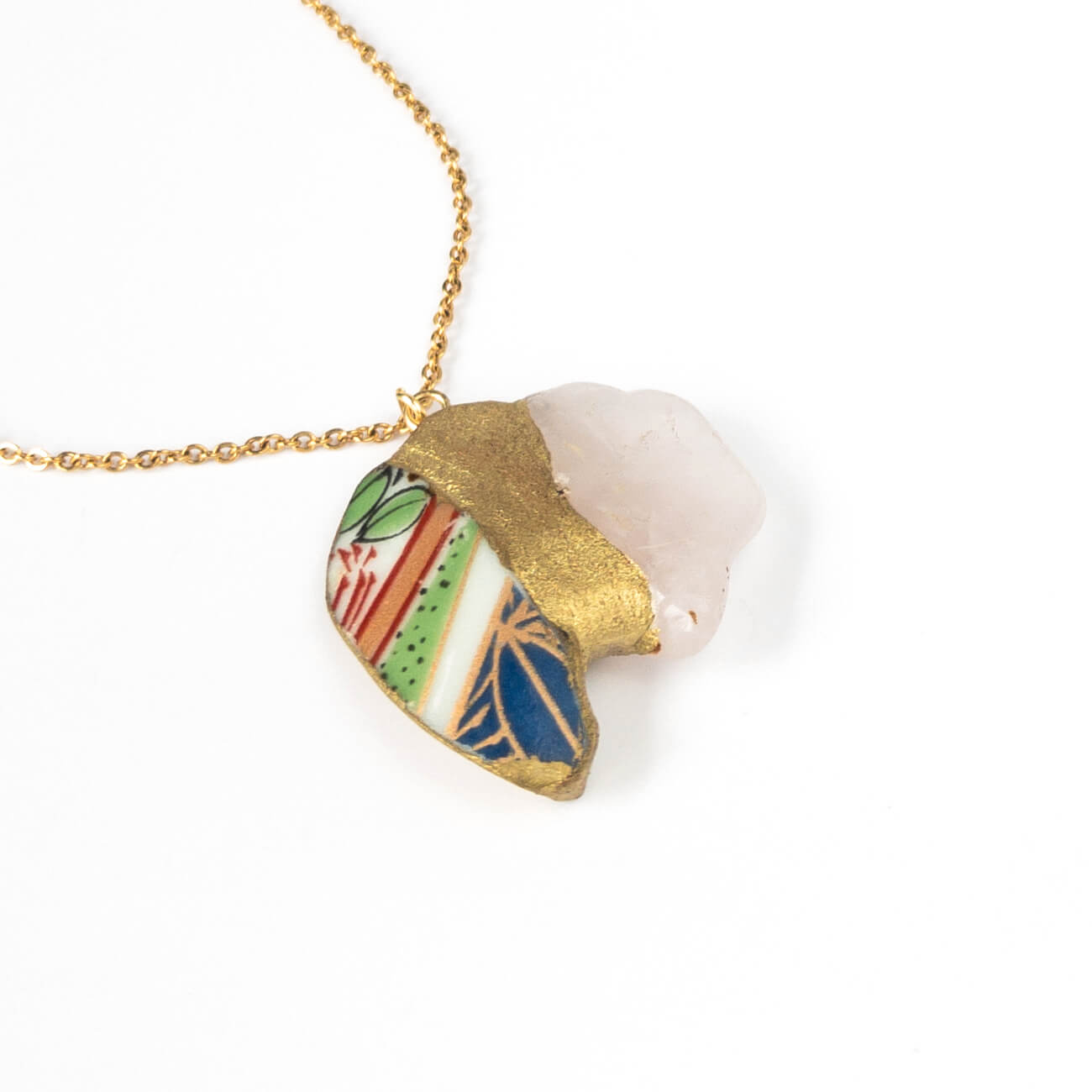Rose quartz Necklace-Kintsugi jewelry-Japanese pottery jewelry-JAPONICA