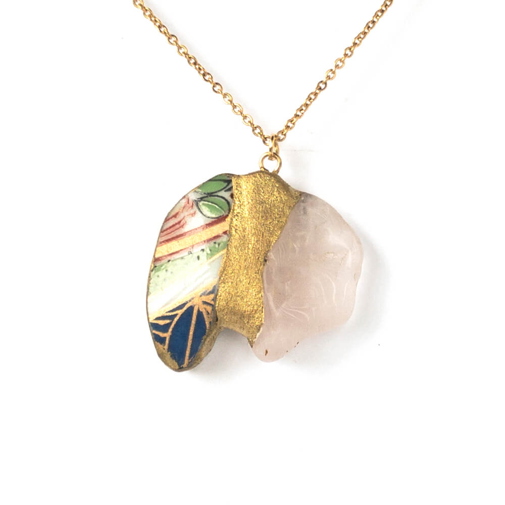 Rose quartz Necklace-Kintsugi jewelry-Japanese pottery jewelry-JAPONICA