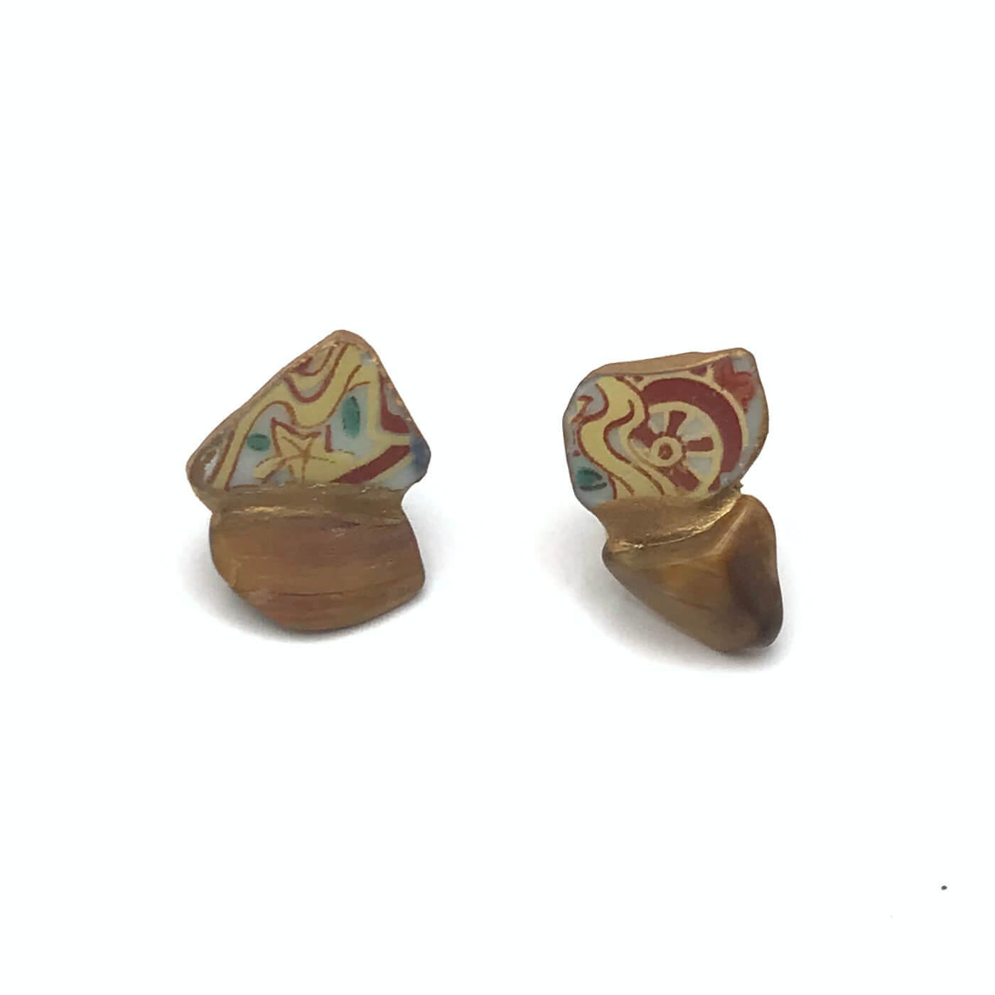 Tiger Eye Stud Earrings-Kintsugi Stud Earrings-Japanese pottery jewelry-JAPONICA