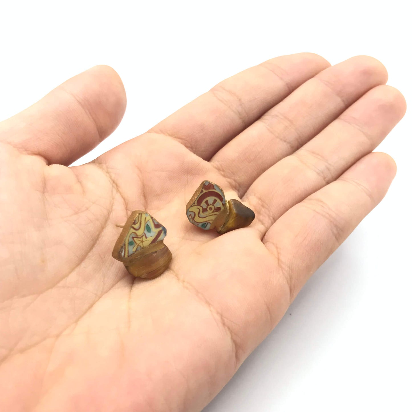 Tiger Eye Stud Earrings-Kintsugi Stud Earrings-Japanese pottery jewelry-JAPONICA