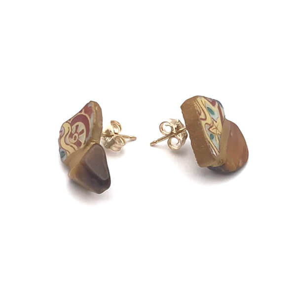 Tiger Eye Stud Earrings-Kintsugi Stud Earrings-Japanese pottery jewelry-JAPONICA