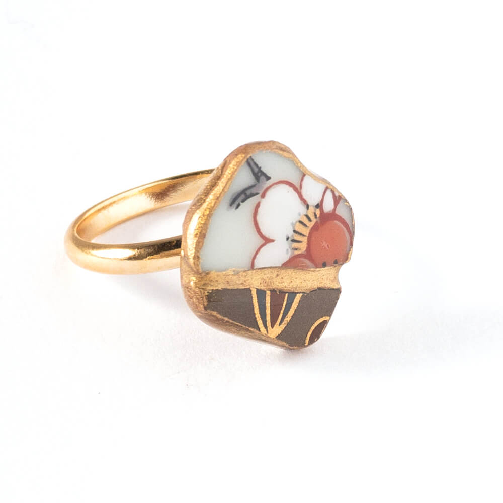 Plum blossoms beige Ring-Kintsugi jewelry-Japanese pottery jewelry-JAPONICA