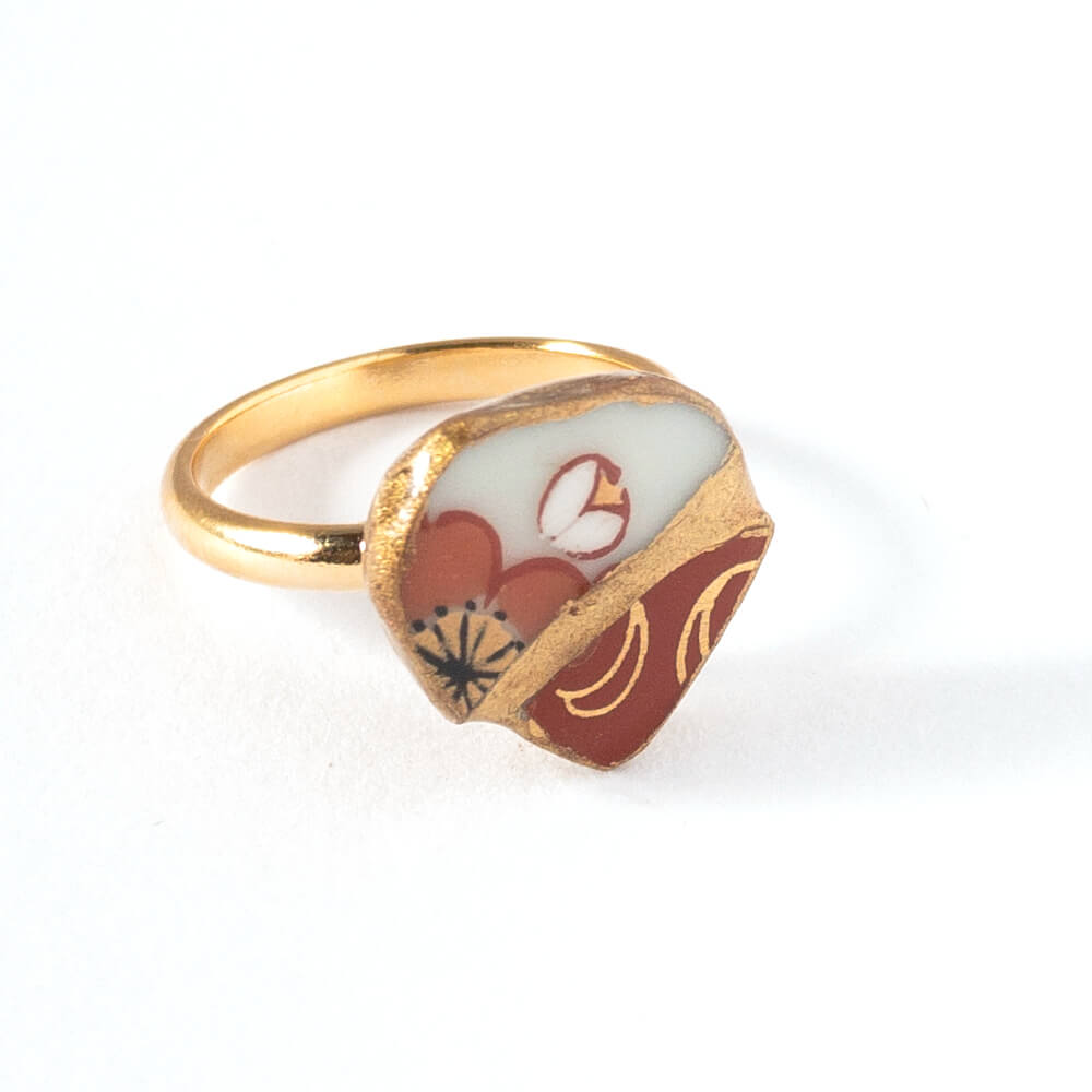 Plum blossoms red Ring-Kintsugi jewelry-Japanese pottery jewelry-JAPONICA