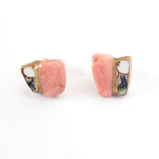 Pink Opal Stud Earrings-Kintsugi jewelry-Japanese pottery jewelry-JAPONICA