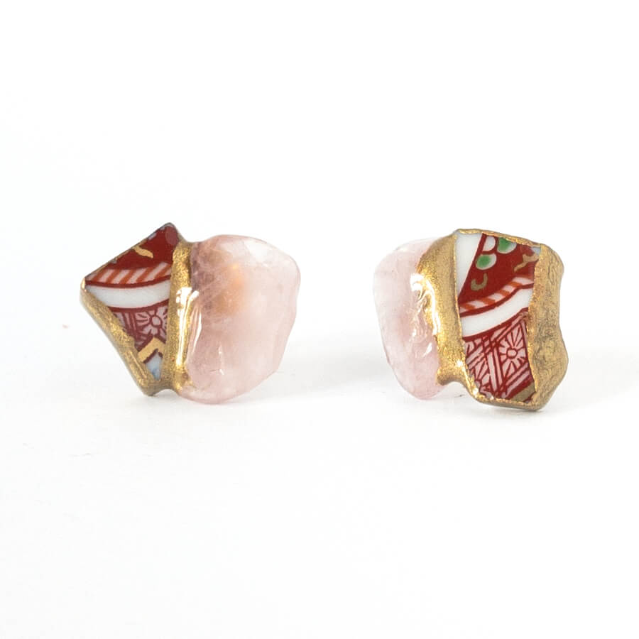 Rose quartz Stud Earrings-Kintsugi jewelry-Japanese pottery jewelry-JAPONICA