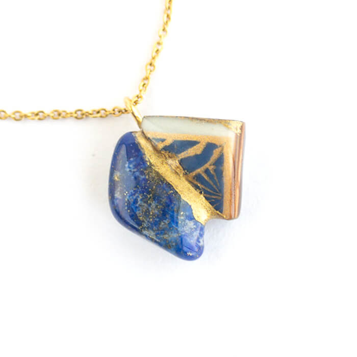 Lapis Lazuli Necklace-Kintsugi jewelry-Japanese pottery jewelry-JAPONICA