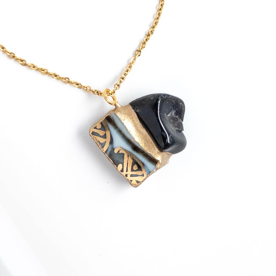 Morion Necklace-Kintsugi jewelry-Japanese pottery jewelry-JAPONICA