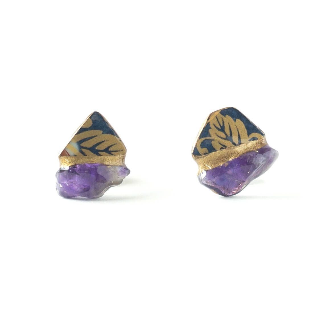 Amethyst Stud Earrings-Kintsugi jewelry-Japanese pottery jewelry-JAPONICA