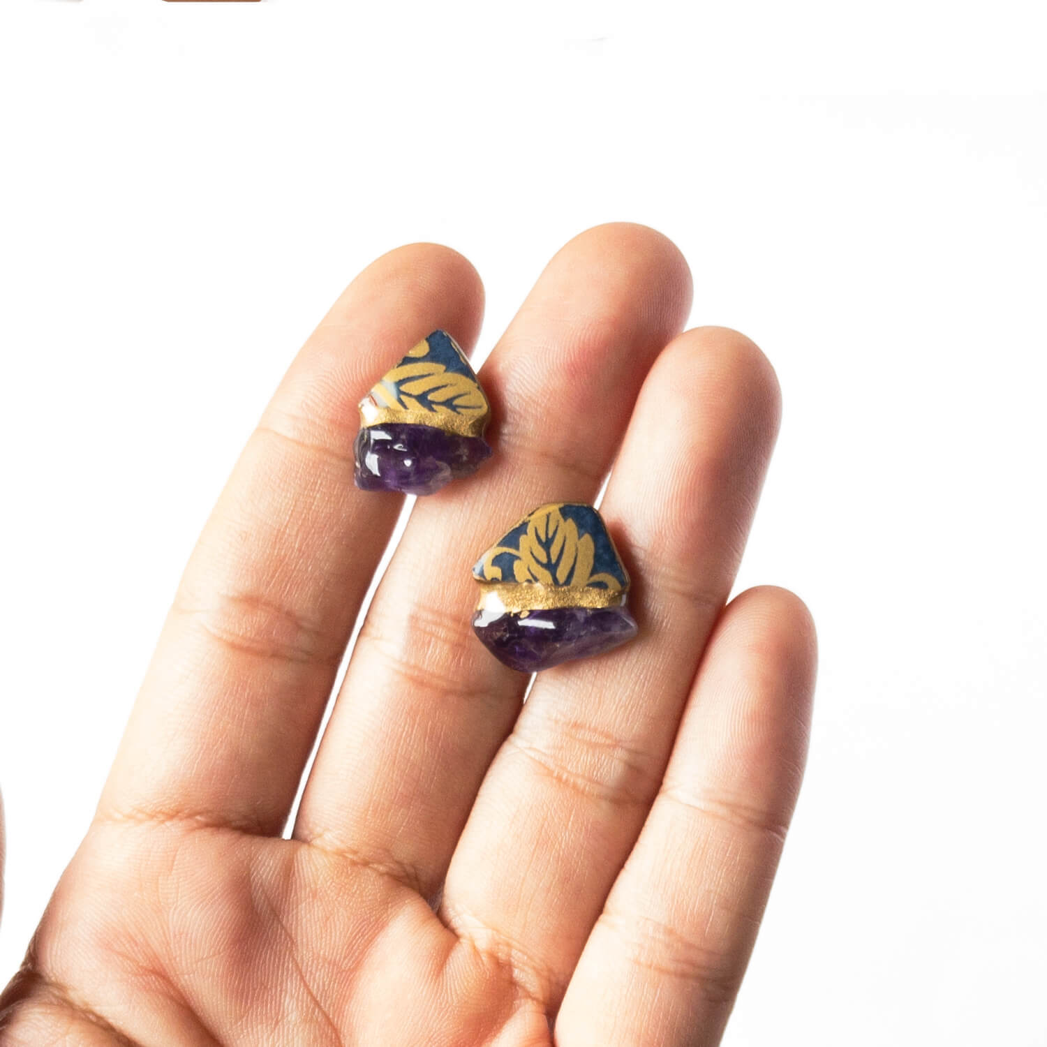 Amethyst Stud Earrings-Kintsugi jewelry-Japanese pottery jewelry-JAPONICA