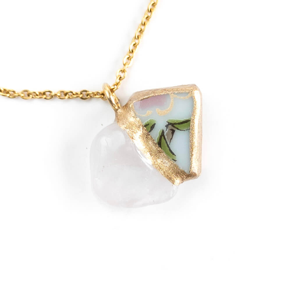Rose quartz Necklace-Kintsugi jewelry-Japanese pottery jewelry-JAPONICA