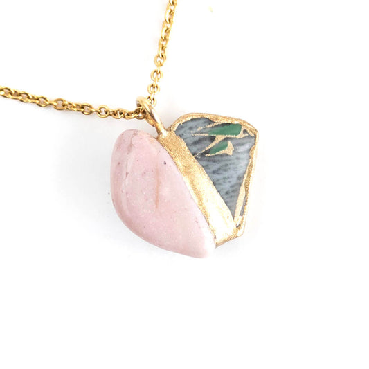 Pink Opal Necklace-Kintsugi jewelry-Japanese pottery jewelry-JAPONICA