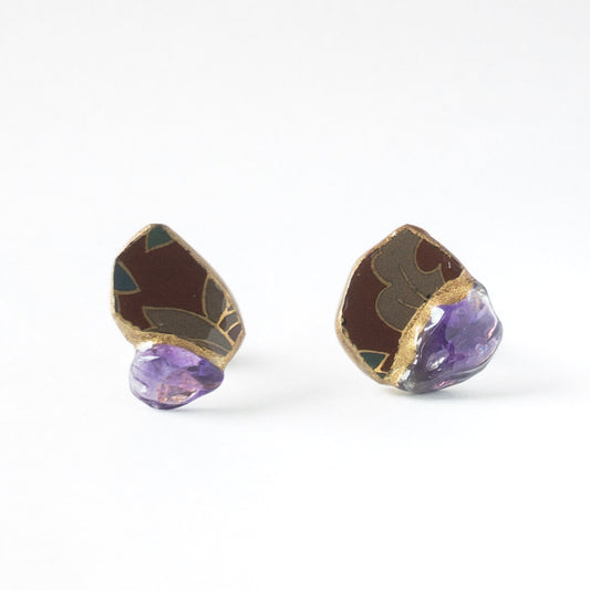 Amethyst Stud Earrings-Kintsugi jewelry-Japanese pottery jewelry-JAPONICA