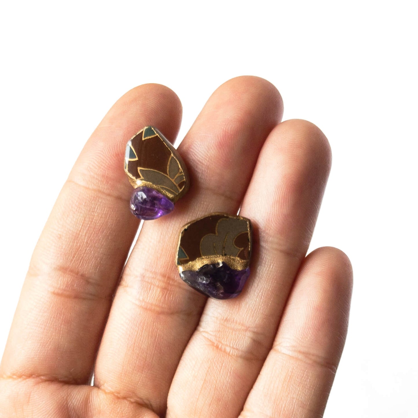 Amethyst Stud Earrings-Kintsugi jewelry-Japanese pottery jewelry-JAPONICA