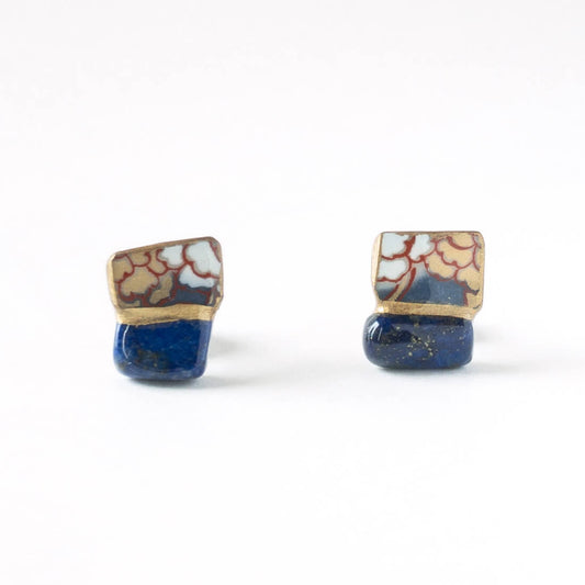 Lapis Lazuli Stud Earrings-Kintsugi jewelry-Japanese pottery jewelry-JAPONICA