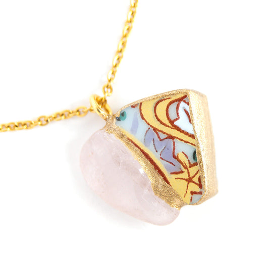 Rose quartz Necklace-Kintsugi jewelry-Japanese pottery jewelry-JAPONICA