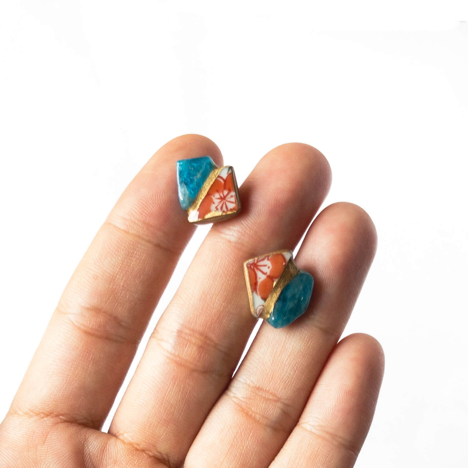 Apatite Stud Earrings-Kintsugi jewelry-Japanese pottery jewelry-JAPONICA