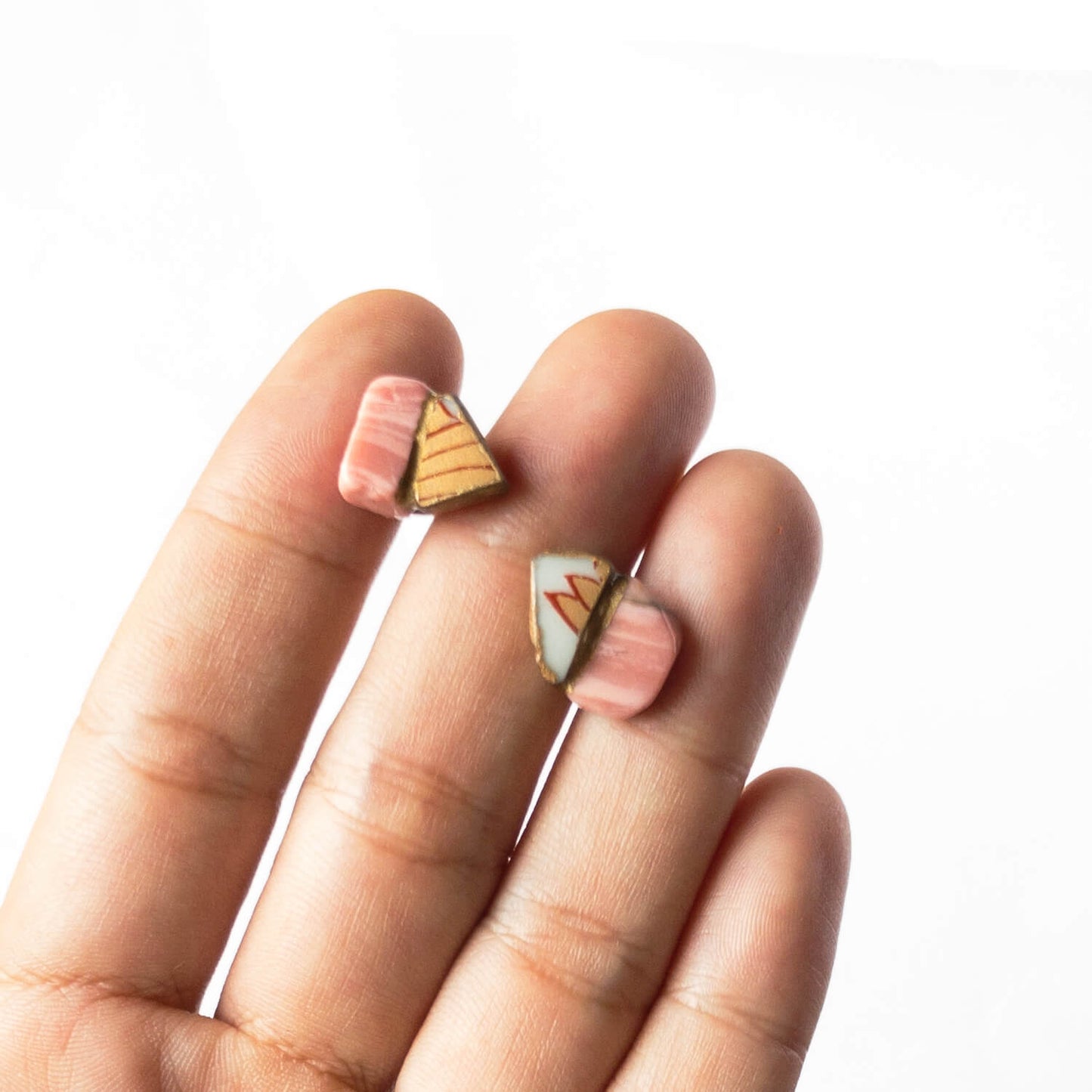 Pink Opal Stud Earrings-Kintsugi jewelry-Japanese pottery jewelry-JAPONICA