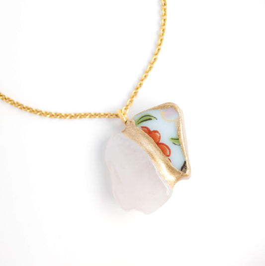 Rose quartz Necklace-Kintsugi jewelry-Japanese pottery jewelry-JAPONICA