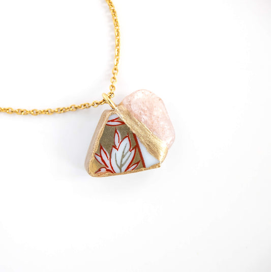 Pink Opal Necklace-Kintsugi jewelry-Japanese pottery jewelry-JAPONICA