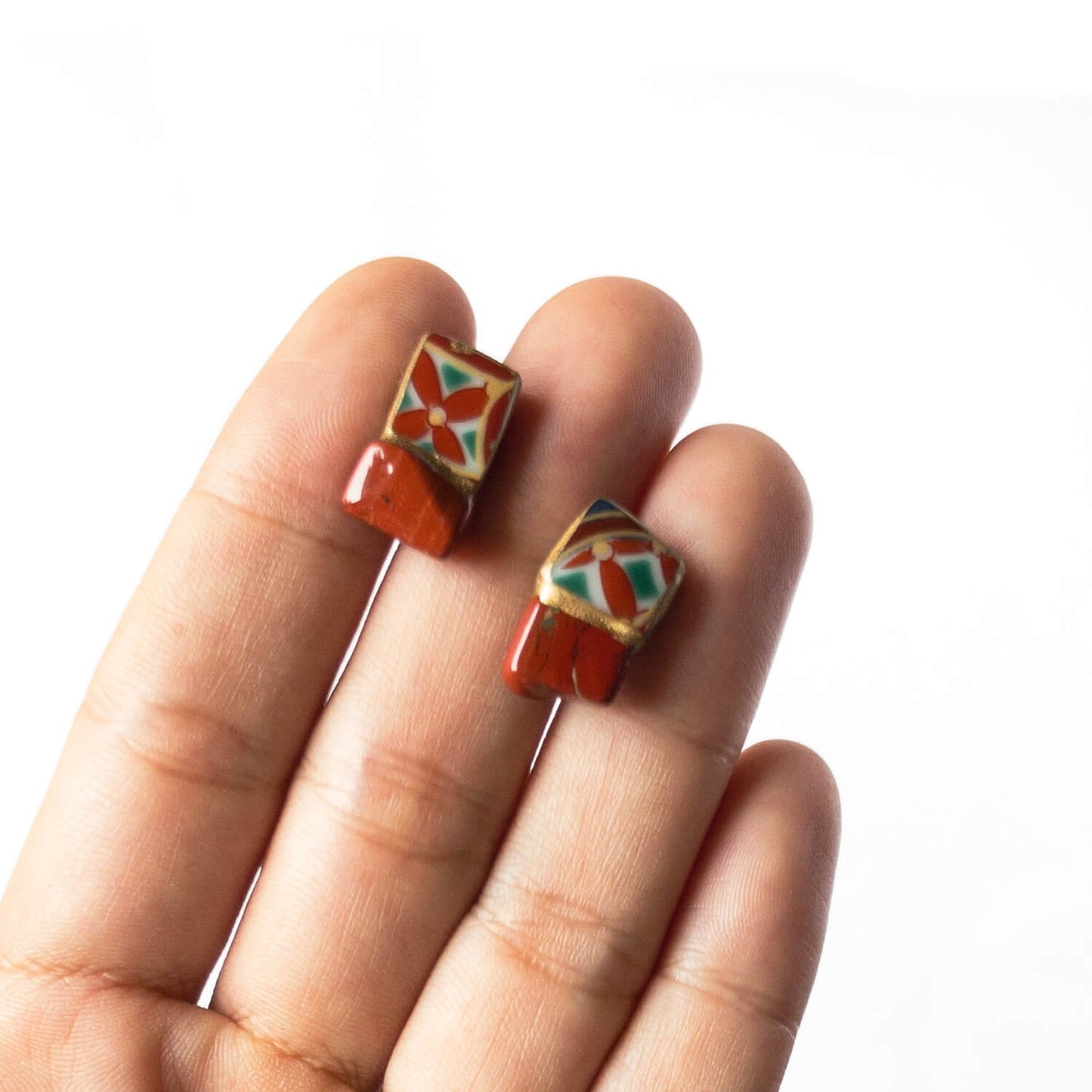 Red Jasper Stud Earrings-Kintsugi jewelry-Japanese pottery jewelry-JAPONICA