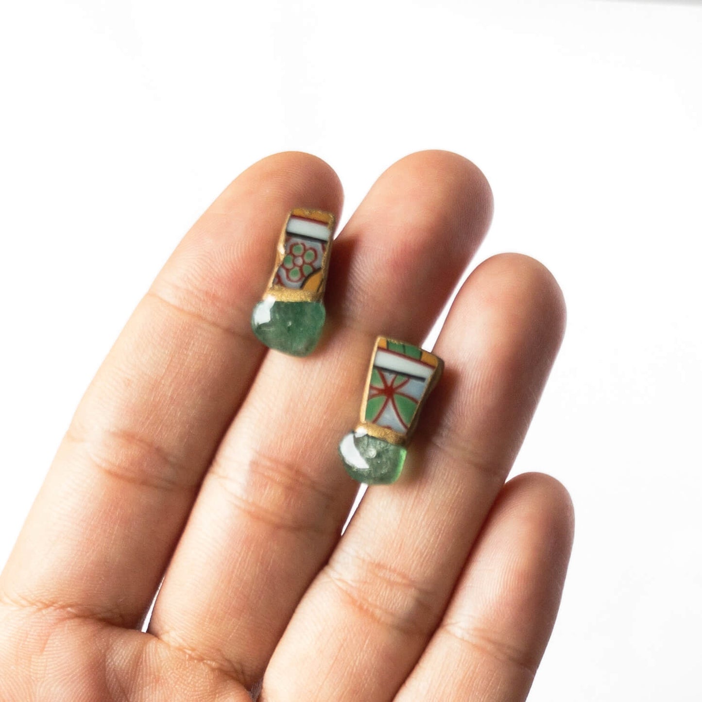 Aventurine Stud Earrings-Kintsugi jewelry-Japanese pottery jewelry-JAPONICA