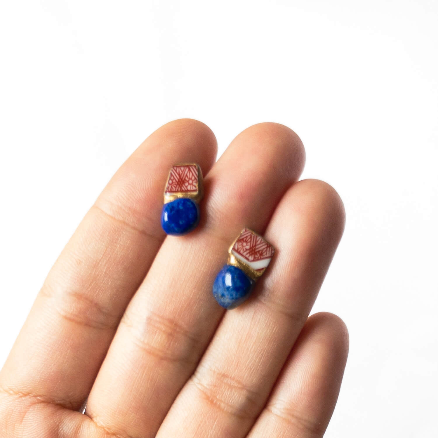 Lapis Lazuli Stud Earrings-Kintsugi jewelry-Japanese pottery jewelry-JAPONICA