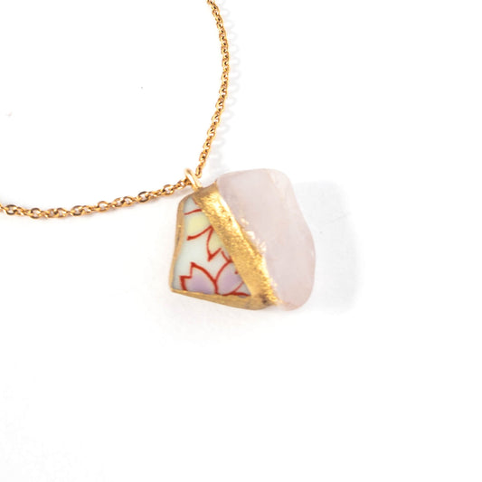 Rose quartz Necklace-Kintsugi jewelry-Japanese pottery jewelry-JAPONICA