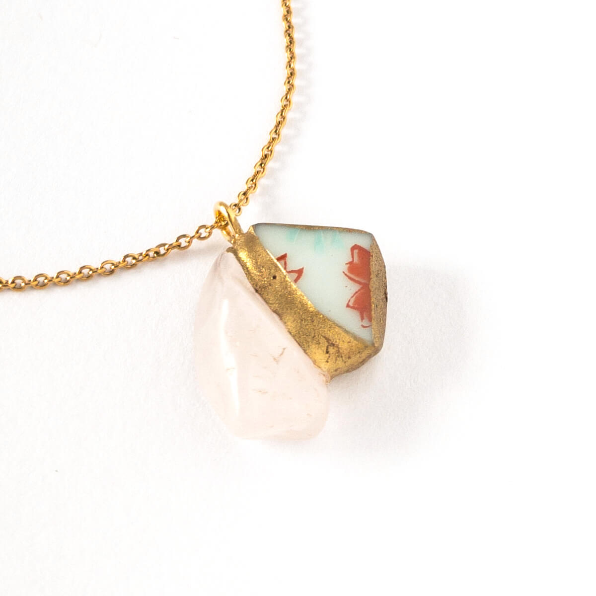 Rose quartz Necklace-Kintsugi jewelry-Japanese pottery jewelry-JAPONICA