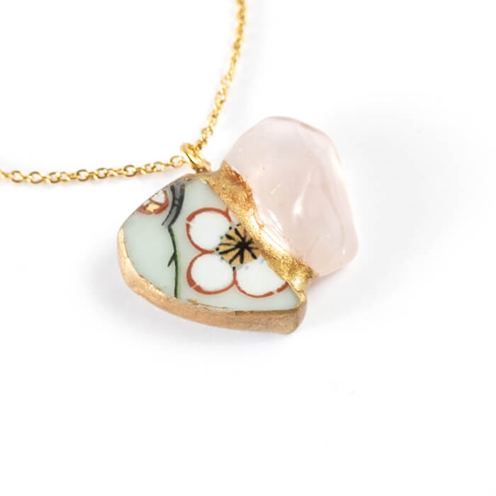 Rose quartz Necklace-Kintsugi jewelry-Japanese pottery jewelry-JAPONICA