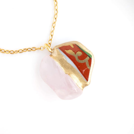 Rose quartz Kintsugi Necklace - Red
