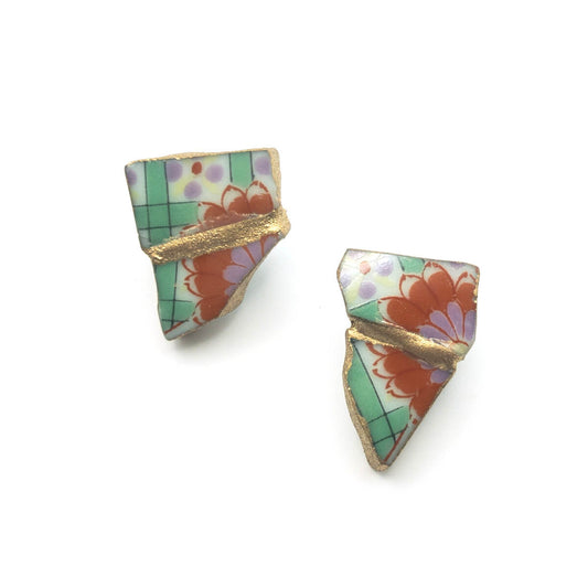 Red Flower Stud Earrings-Kintsugi jewelry-Japanese pottery jewelry-JAPONICA