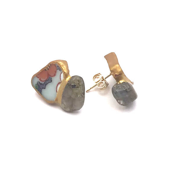 Labradorite Stud Earrings-Kintsugi Stud Earrings-Japanese pottery jewelry-JAPONICA